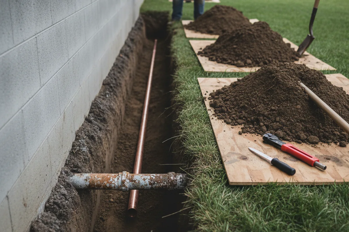 Excavated water line trench during Water Softener Installation in Mozelle
